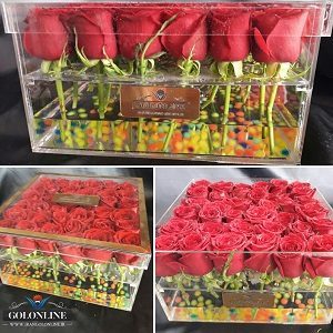 باکس شیشه ای با ۲۵ شاخه رز هلندی