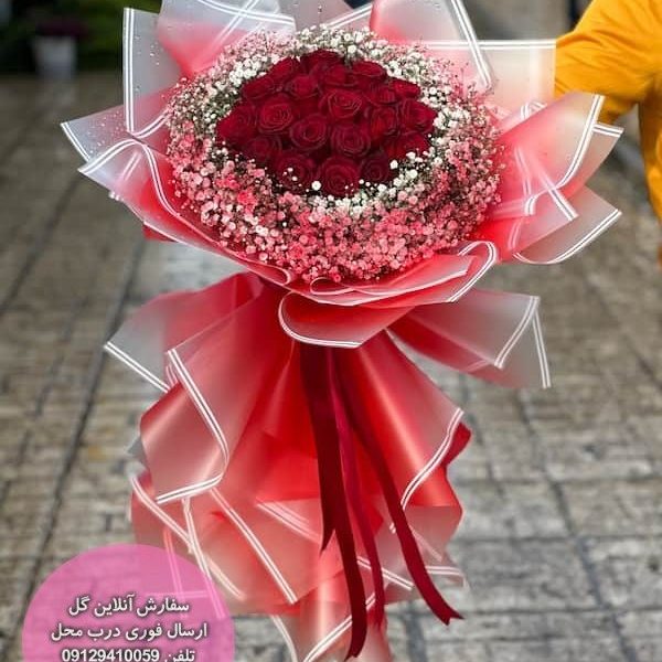 قیمت و خرید دسته گل رز هلندی قرمز و ژیپسوفیلا